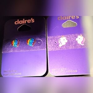 Claire's CRYSTAL Rainbow Heart and White/PINK Unicorn Earrings🦄🌈